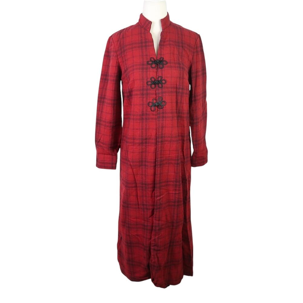 Vintage red and black plaid wool mid-length coat S